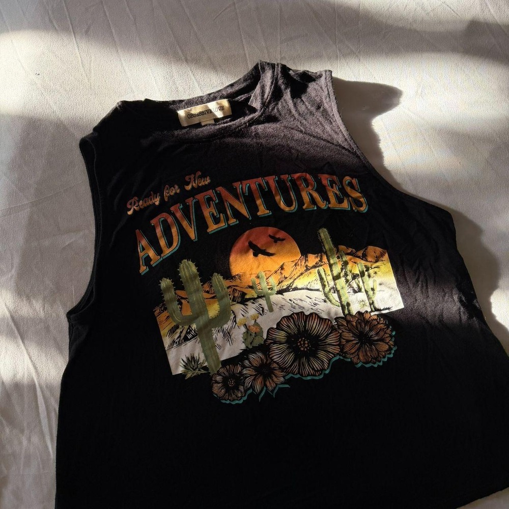 Obsessive Love Womens Black Desert Graphic Muscle Tank Top Small Western Cactus